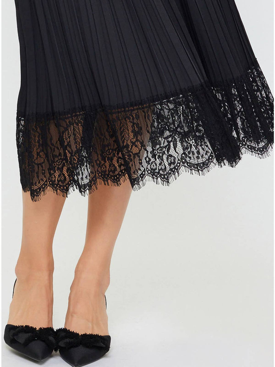 Black Pleated/Lace Midi Skirt
