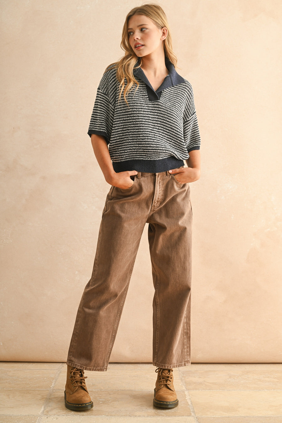 Striped Collared Knit Top