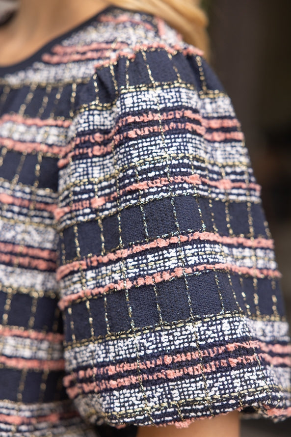 Navy Textured Tweed Top