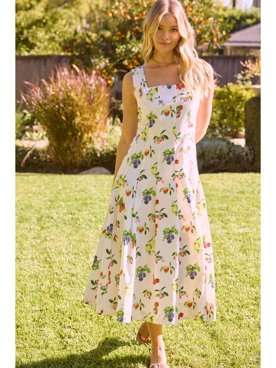 fruit print midi dress Lola Tropical Fruit Print Tie-Back Midi Dress M