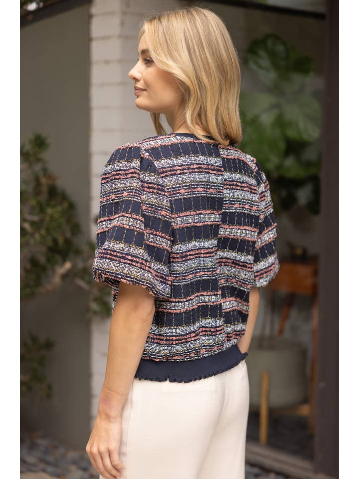 Navy Textured Tweed Top