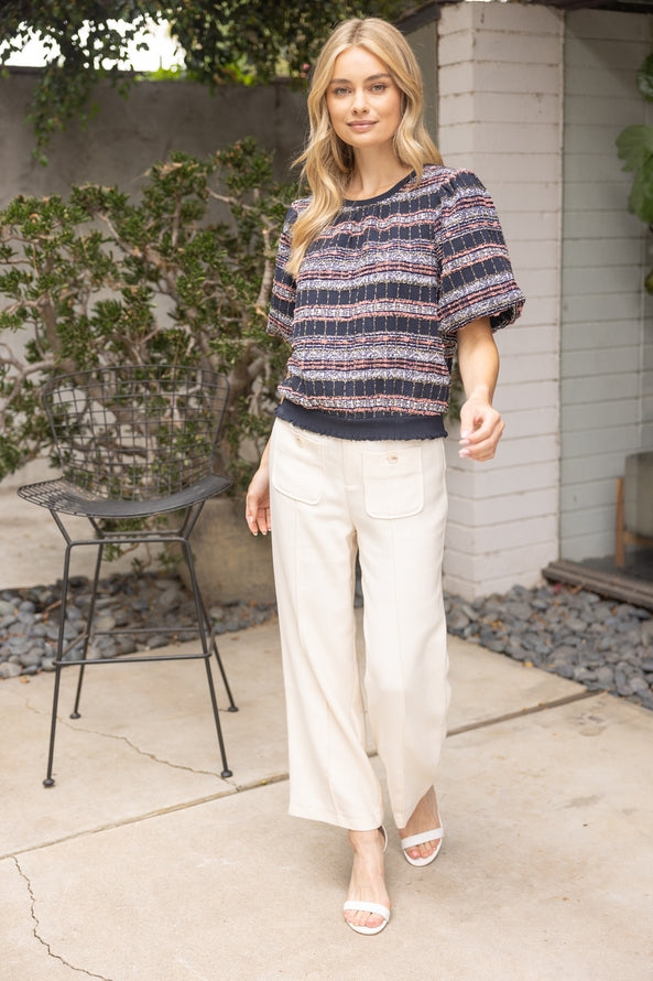 Navy Textured Tweed Top