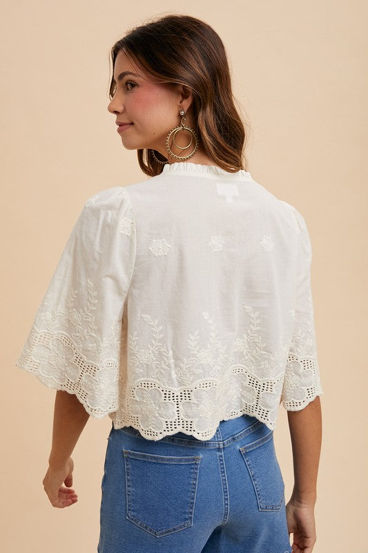 Ivory Floral Embroidery Tie Top