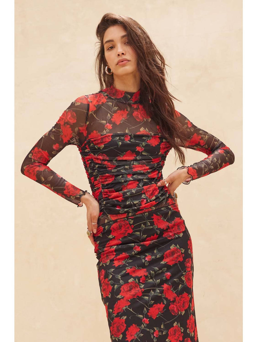 Red/Black Floral Mesh Top