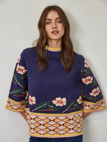 Multi-Pattern Mock Neck Sweater