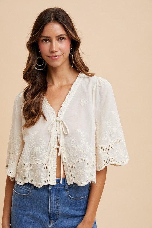 Ivory Floral Embroidery Tie Top